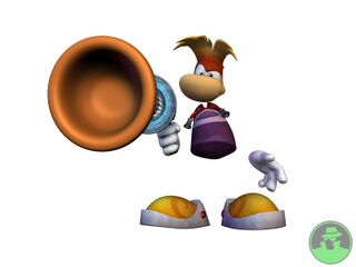 Rayman braquant un pistolet à ventouses.