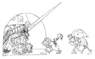 Concept art de Barbe-Tranchante supervisant le travail du Pirate Lunette et d'un Pirate Gorille sur un quai. On peut notamment le voir dans le manuel anglais de Rayman Revolution.