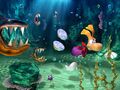 Artwork de Rayman pourchassé par des gros piranhas dans la Baie des Baleines.
