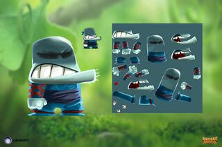 Image où on peut voir un concept art de Ninja à chapeau, son apparence finale et les éléments de son sprite, réalisée par Kévin-Mark-Bonein.