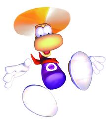 Rayman utilisant son hélicoptère.