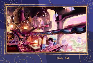 Concept art de Candy Ltd, dessiné par Yan Le Pon et colorisé par Emeline Bellemin.