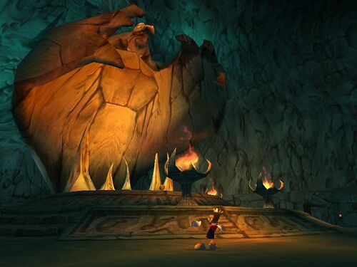 Cette image datant du développement de Rayman 3 montre la statue du Leptys dans une salle des souterrains du Désert des Knaarens.