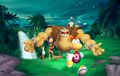 Artwork de quelques personnages de Rayman 2. Au premier plan, Rayman. Au deuxième plan, de gauche à droite : un Ptizêtre, la fée Ly, le géant Clark et deux bébés Globox.