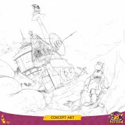 Concept art d'un Vaisseau Pirate posé au sol, gardé par le Pirate Lunette. Il est très différent de ceux qui apparaissent dans la version finale du jeu, comportant plus d'éléments technologiques, notamment une antenne parabolique. Il s'agissait peut-être d'un modèle particulier de Vaisseau Pirate, utilisé pour la surveillance radar ou les télécommunications.