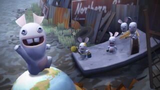 Sur cette image datant du développement de The Lapins Crétins : La Grosse Aventure, on peut voir un Lapin taggueur et trois des quatre membres de la Fanfare derrière le Lapin vigie.