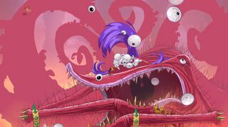 Rayman doit baffer le visage de Big Mama pour la dépouiller de ses yeux.