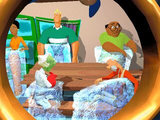 Les habitants de l'île d'Amnésia prisonniers de la glace. En haut, de gauche à droite : Landra, Patrick et Junior. En bas, de gauche à droite : Gaaf et Sam.