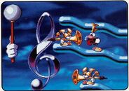 Rayman faisant une grimace à une trompette dans le Ciel Chromatique.
