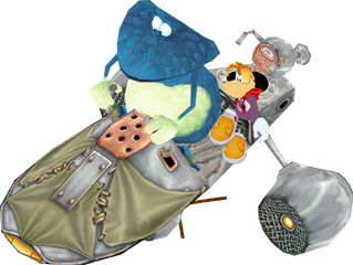 Vue détaillée de Rayman et Globox dans leur Armaguiddon.
