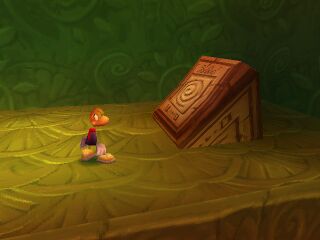 Une pierre de porte magique fixée à un socle dans la version PlayStation de Rayman 2.