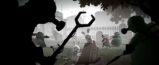 Concept art de Vermivolants en train d'encercler l'Équipe Crétine dans un cimetière.