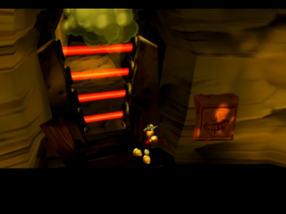 Rayman utilisant le Masque de Pluie pour désactiver une barrière de lasers.