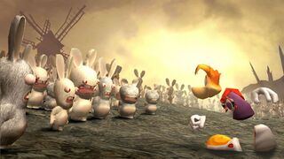 Rayman face à une armée de Lapins zombies.