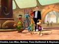Les héros du dessin animé Rayman et Yves Guillemot, PDG d'Ubi Soft.