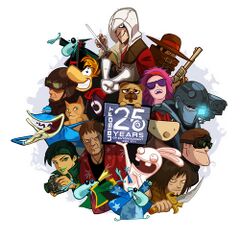 Image célébrant le 25ème anniversaire d'Ubisoft en 2011, représentant plusieurs personnages des franchises de l'entreprise avec le style de Rayman Origins.