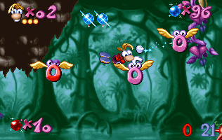 Rayman swinging on a flying ring
