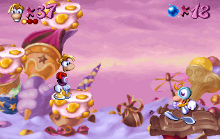 A bubble throwing clown, as it appears in the original Rayman game.