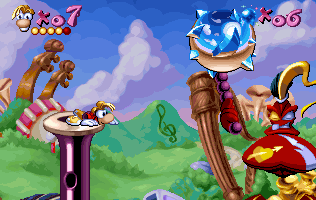 Rayman in a vulnerable position to get hit.