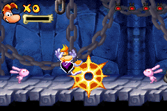 A small pink rabbid exploding when he reaches Rayman.
