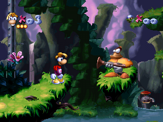 A guard in the foreground, as seen in the playable PlayStation level of the cancelled 2D version of Rayman 2.