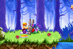 A boxer rabbid about to punch Rayman with his glove.