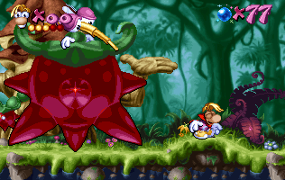 A purple-skinned Moskito pursues Rayman with a huge, red coloured prickly fruit