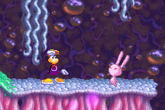A pink rabbid in front of Rayman.