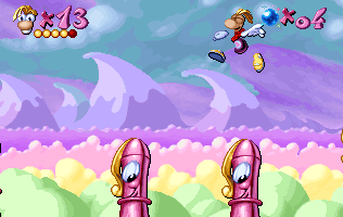 Rayman bouncing on a pen.