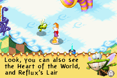 Murfy telling Rayman that by looking down, the Heart of the World and Reflux's Lair can be seen.