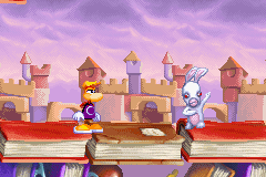 A dancing rabbid in front of Rayman.