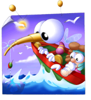 The Musician's child, like most of the cast, goes on holiday following the events of Rayman. Here he is seen using Bzzit as a fishing rod.