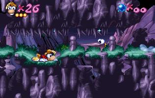 Rayman ducking to avoid a pick.