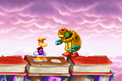 A robot in front of Rayman.