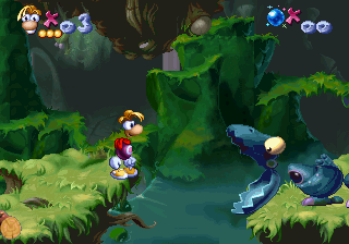 A robotic dinosaur about to breath fire at Rayman.