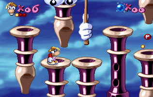 A flattened Rayman after being hit by the mallet.