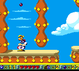 Rayman jumping on a vertical trumpet.