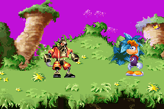 Rayman in front of a red Henchman 800.