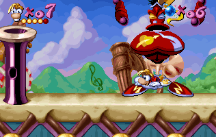 Rayman sneaking under the mad drummer with the aid of the cloud.