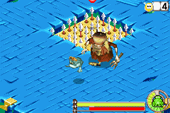 Rayman (on the left) transformed into a toad by Bégoniax in Rayman: Hoodlums' Revenge.
