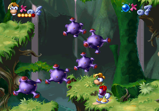Rayman facing a bunch of purple bombs.