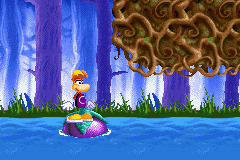 Rayman sailing on a plum.