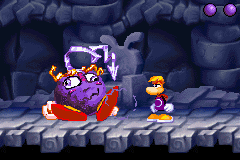 The giant Antitoon is stunned after Rayman hurts it