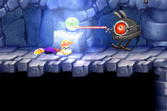 A robot shooting a laser at Rayman.