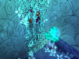 Rayman climbing a wall covered with lianas in the Fairy Council.