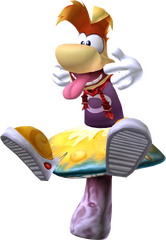 An official piece of Rayman 3 artwork of Rayman doing a grimace on a mushroom.