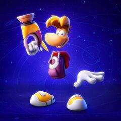 Rayman wielding his Blaster, loaded with a plunger, in a promotional artwork for Rayman in the Phantom Show