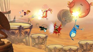 Promotional artwork of Rayman, Globox, and the Goth Teensy fighting red birds in the Desert of Dijiridoos