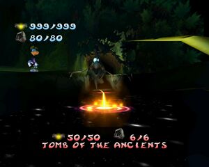 A Zombie Chicken hologram represents the Tomb of the Ancients in the Hall of Doors.
