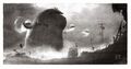 Concept art of a giant alien rabbid and alien rabbids in flying saucers.